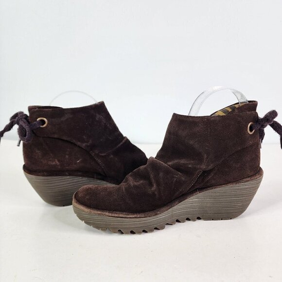 FLY London Yebi Espresso Suede Ruched Ankle Boots with Tie EU 40 US 10 Wedge - Picture 11 of 15